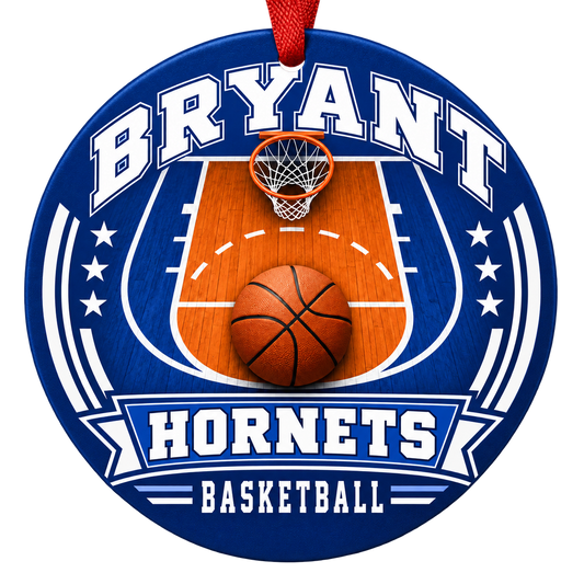 Bryant Hornets Basketball Christmas ornament with basketball court, hoop and ball artwork in blue and white, red hanging ribbon.