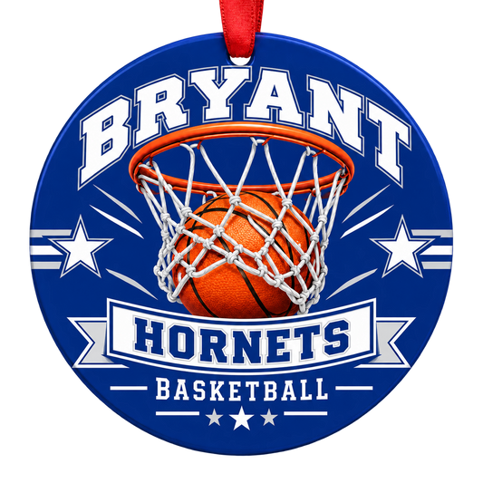 Bryant Hornets Basketball Christmas ornament with basketball passing through a hoop in blue and white, red hanging ribbon.