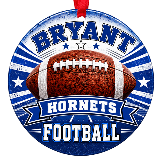 Bryant Hornets Football Christmas ornament with football, stars and field artwork in blue and white, red hanging ribbon.