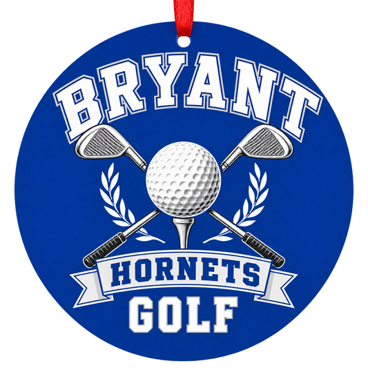 Bryant Hornets Golf Christmas ornament with golf ball and crossed clubs in blue and white, red hanging ribbon.