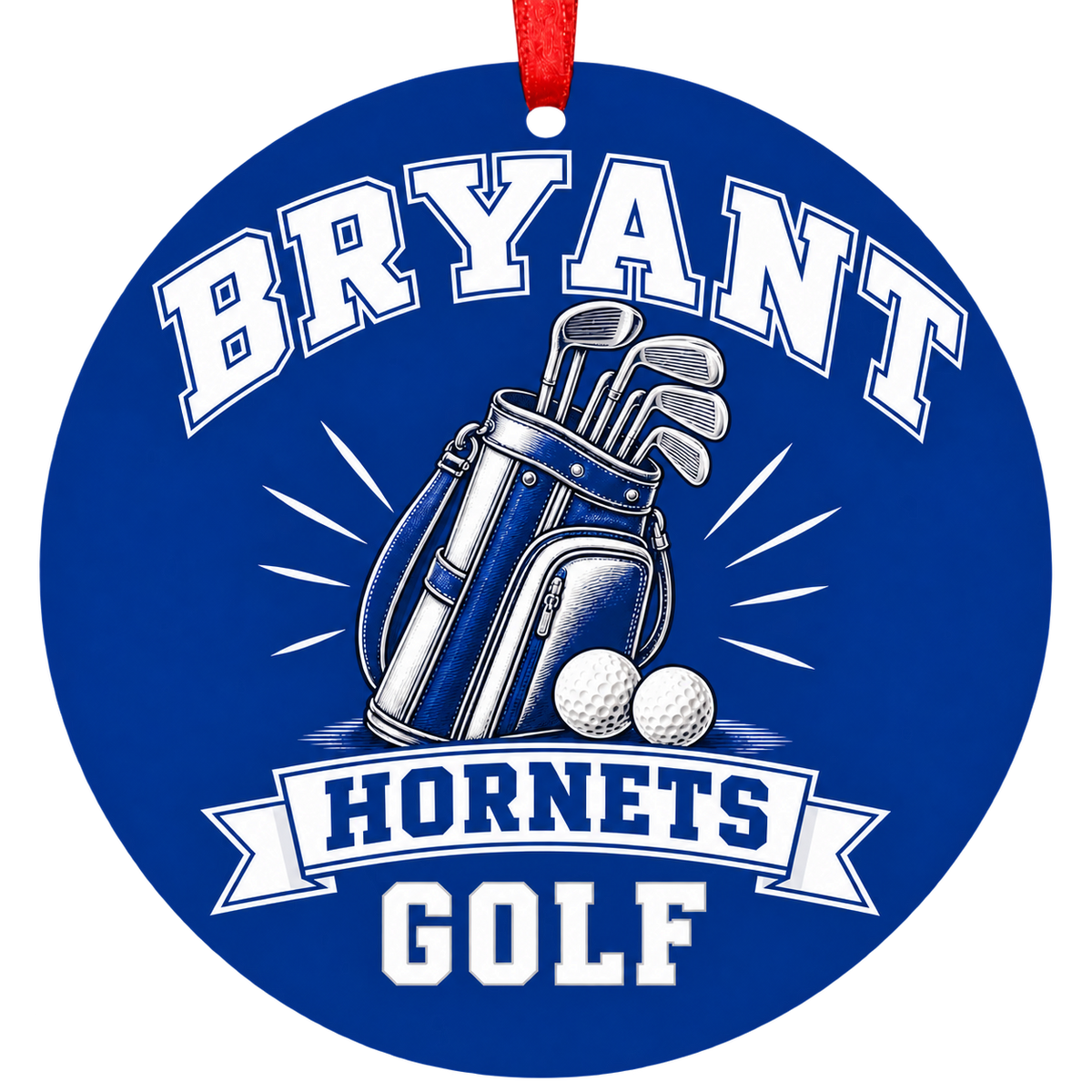 Bryant Hornets Golf Christmas ornament with golf bag, clubs and balls in blue and white, red hanging ribbon.