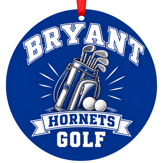 Bryant Hornets Golf Christmas ornament with golf bag, clubs and balls in blue and white, red hanging ribbon.