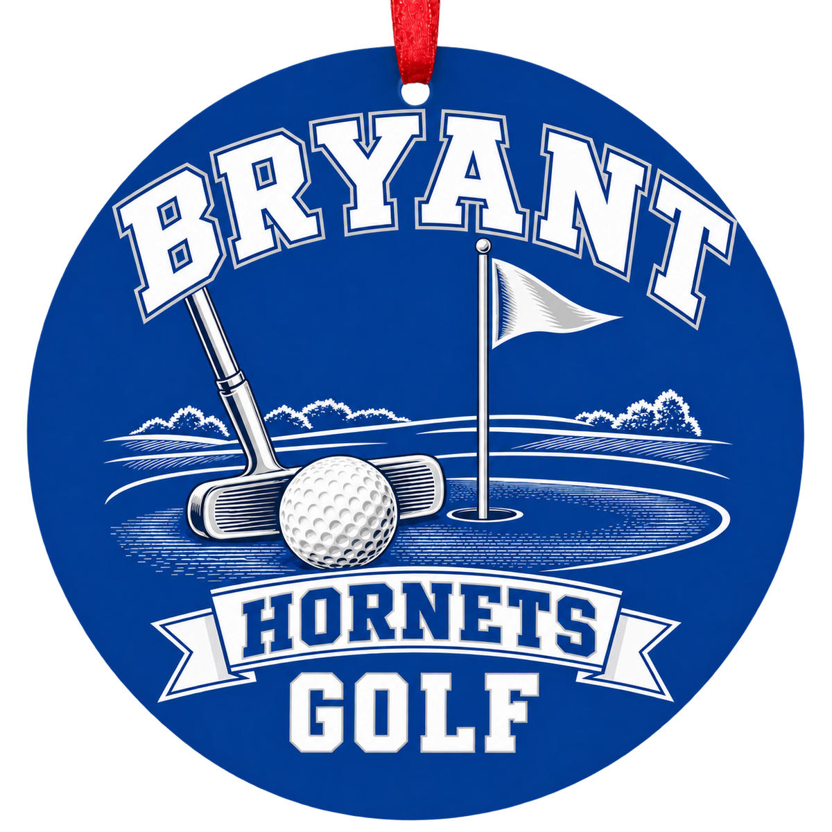 Bryant Hornets Golf Christmas ornament with putter, golf ball and putting green in blue and white, red hanging ribbon.