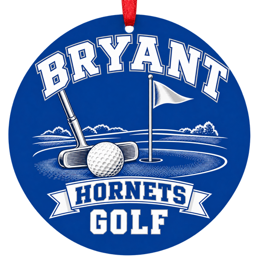 Bryant Hornets Golf Christmas ornament with putter, golf ball and putting green in blue and white, red hanging ribbon.