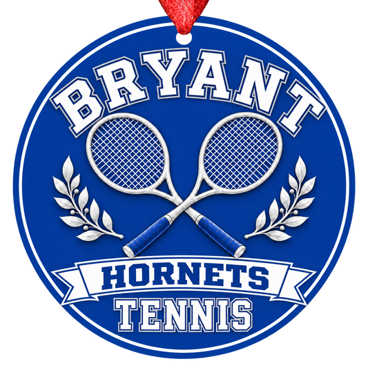 Bryant Hornets Tennis Christmas ornament with crossed tennis rackets and laurel details in blue and white, red hanging ribbon.