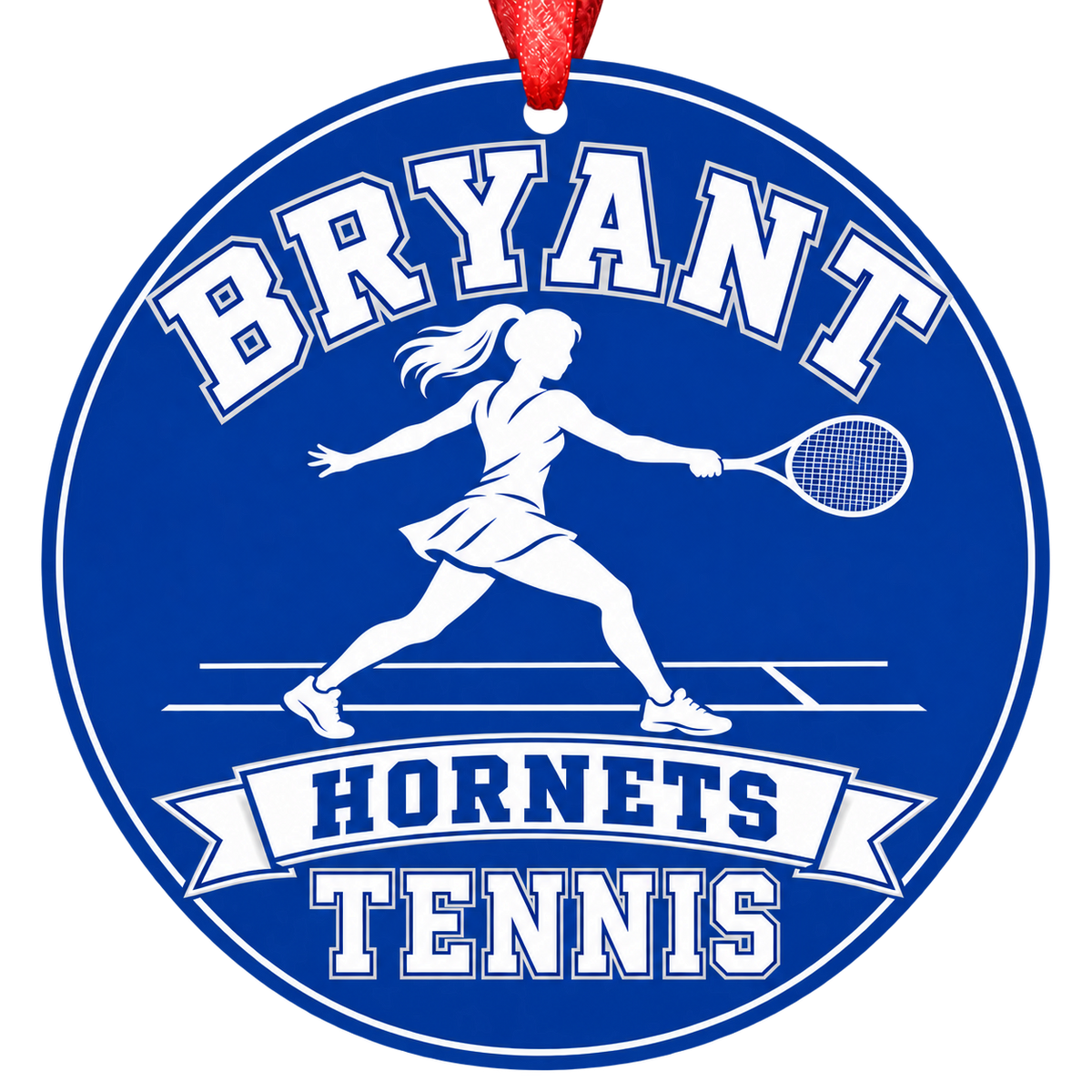Bryant Hornets Tennis Christmas ornament with tennis player silhouette in blue and white, red hanging ribbon.