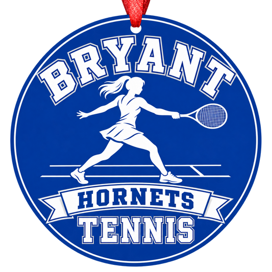 Bryant Hornets Tennis Christmas ornament with tennis player silhouette in blue and white, red hanging ribbon.