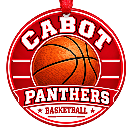 Cabot Panthers Basketball Christmas ornament with varsity basketball artwork in red and white, red hanging ribbon.