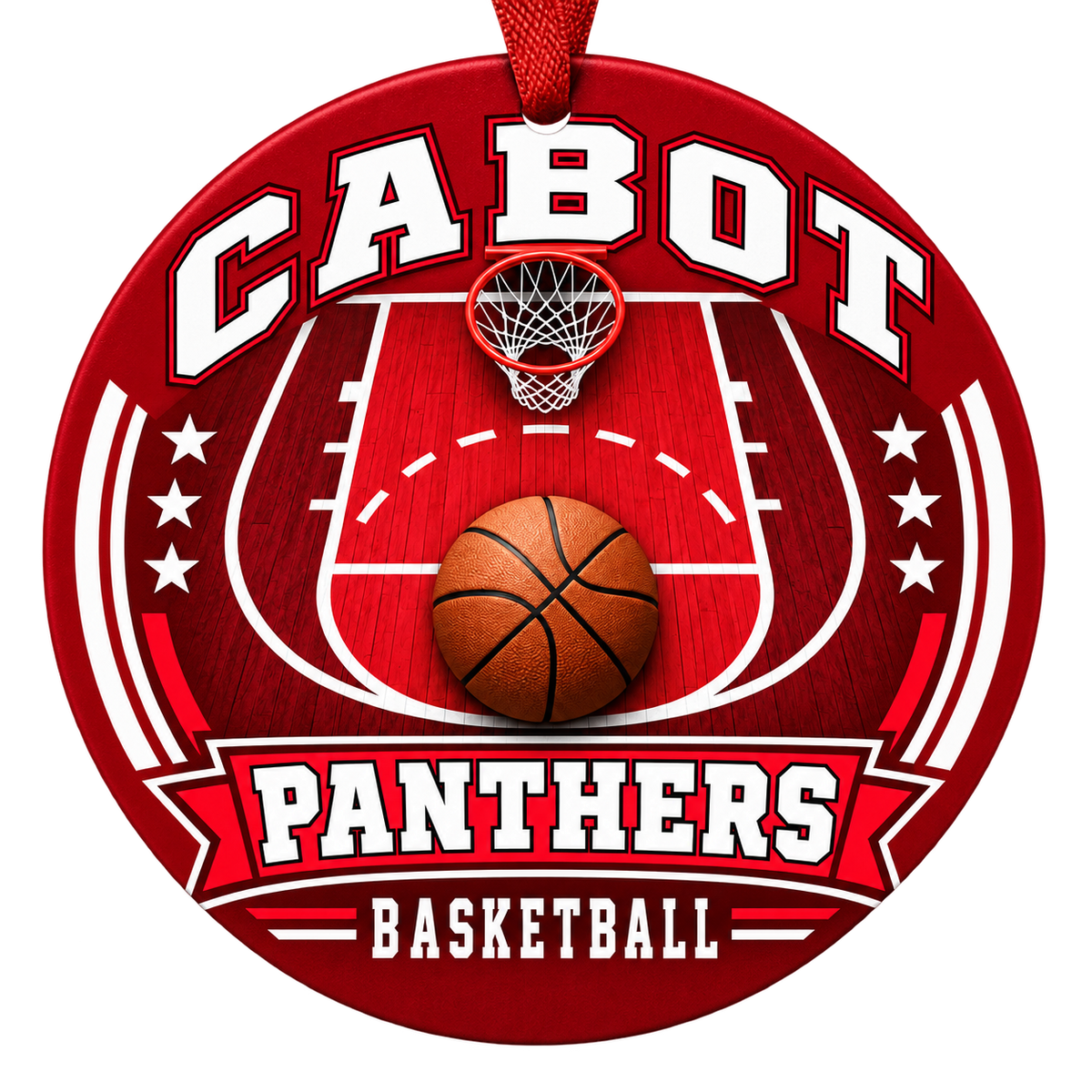Cabot Panthers Basketball Christmas ornament with basketball court, hoop and ball artwork in red and white, red hanging ribbon.