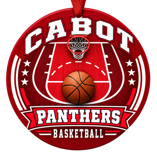 Cabot Panthers Basketball Christmas ornament with basketball court, hoop and ball artwork in red and white, red hanging ribbon.
