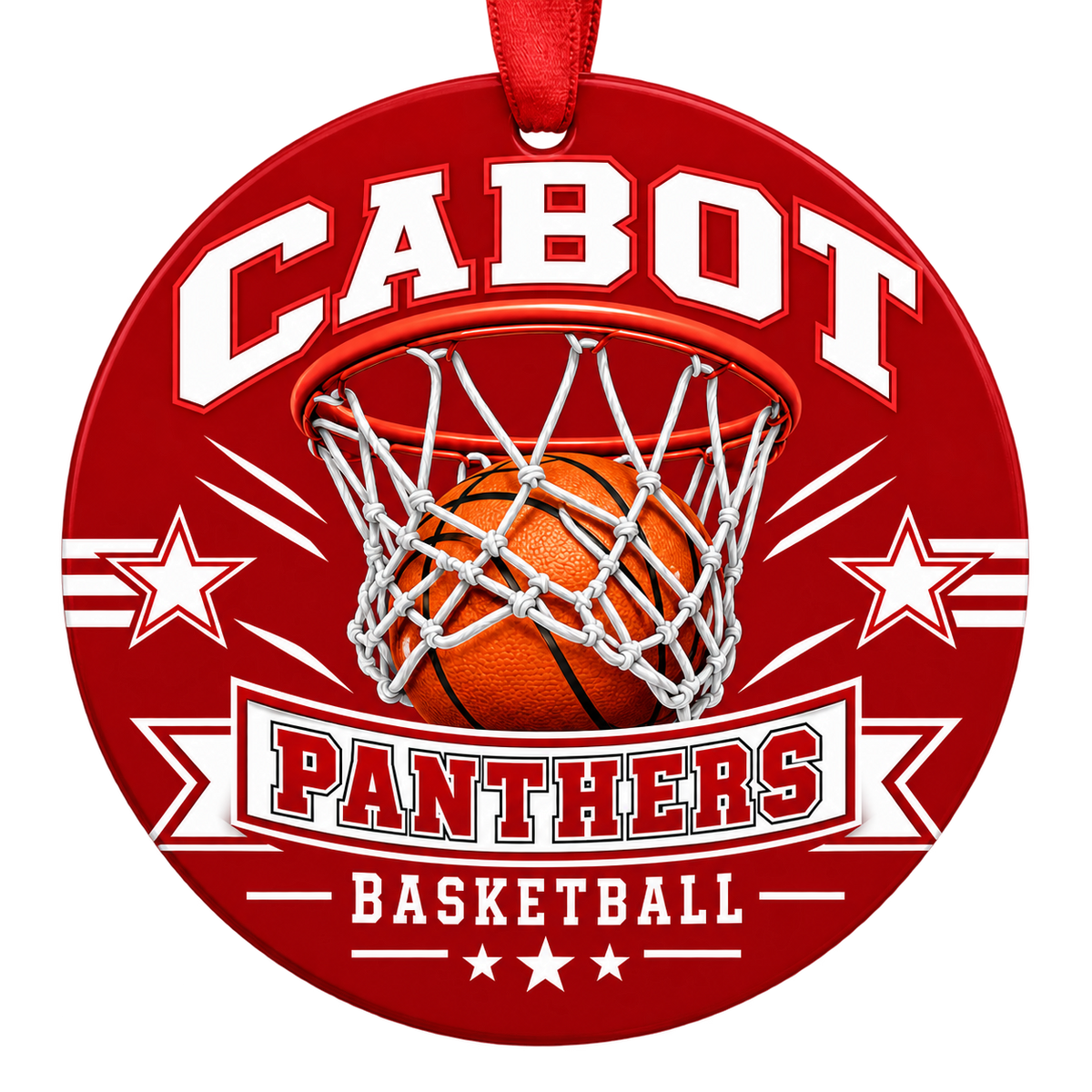 Cabot Panthers Basketball Christmas ornament with basketball passing through a hoop in red and white, red hanging ribbon.