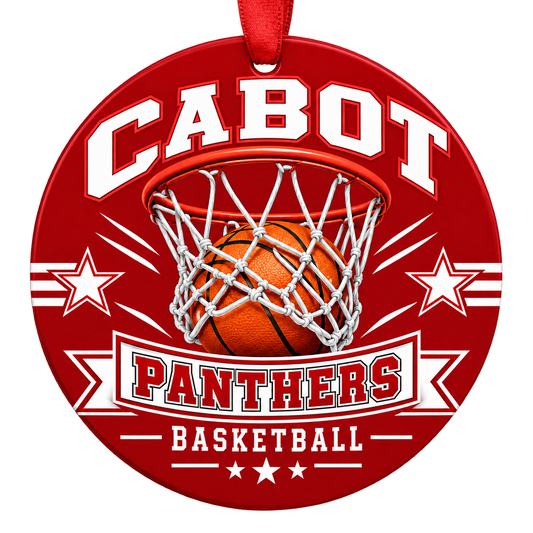 Cabot Panthers Basketball Christmas ornament with basketball passing through a hoop in red and white, red hanging ribbon.