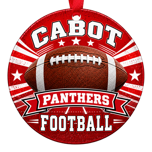 Cabot Panthers Football Christmas ornament with football, stars and field artwork in red and white, red hanging ribbon.