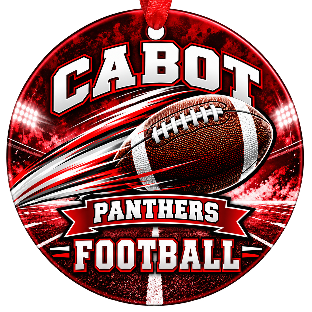 Cabot Panthers Football Christmas ornament with football with motion streaks and stadium lights in red and white, red hanging ribbon.