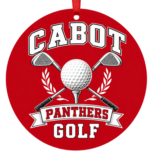 Cabot Panthers Golf Christmas ornament with golf ball and crossed clubs in red and white, red hanging ribbon.