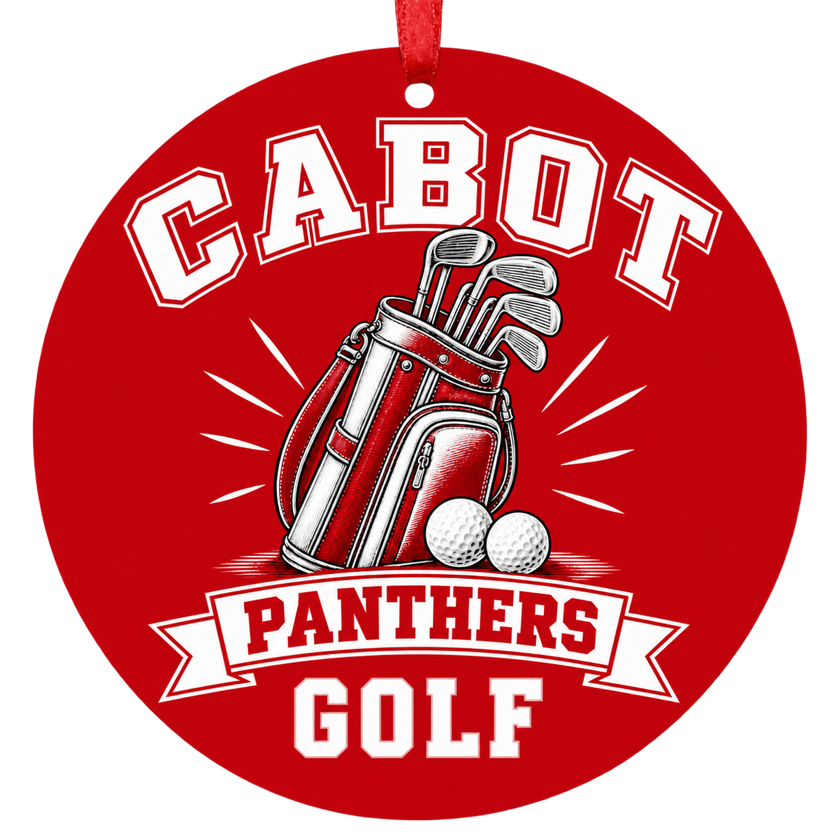 Cabot Panthers Golf Christmas ornament with golf bag, clubs and balls in red and white, red hanging ribbon.