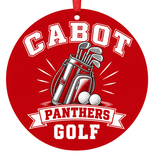 Cabot Panthers Golf Christmas ornament with golf bag, clubs and balls in red and white, red hanging ribbon.