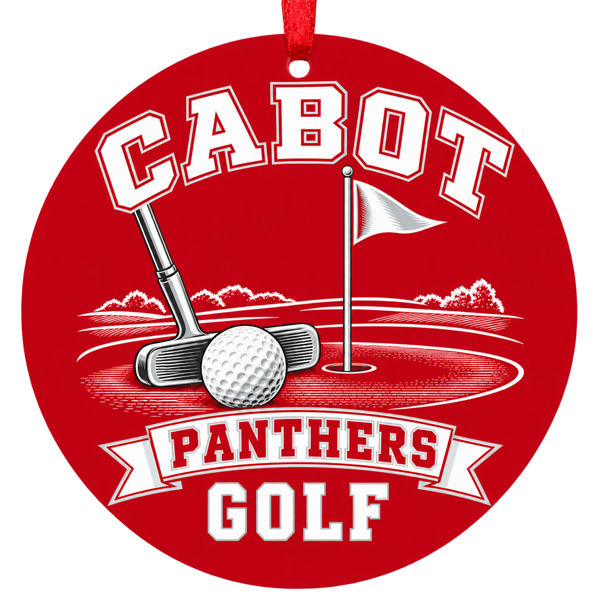 Cabot Panthers Golf Christmas ornament with putter, golf ball and putting green in red and white, red hanging ribbon.