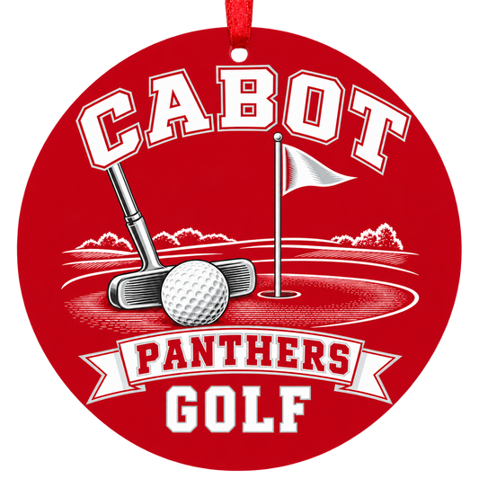 Cabot Panthers Golf Christmas ornament with putter, golf ball and putting green in red and white, red hanging ribbon.