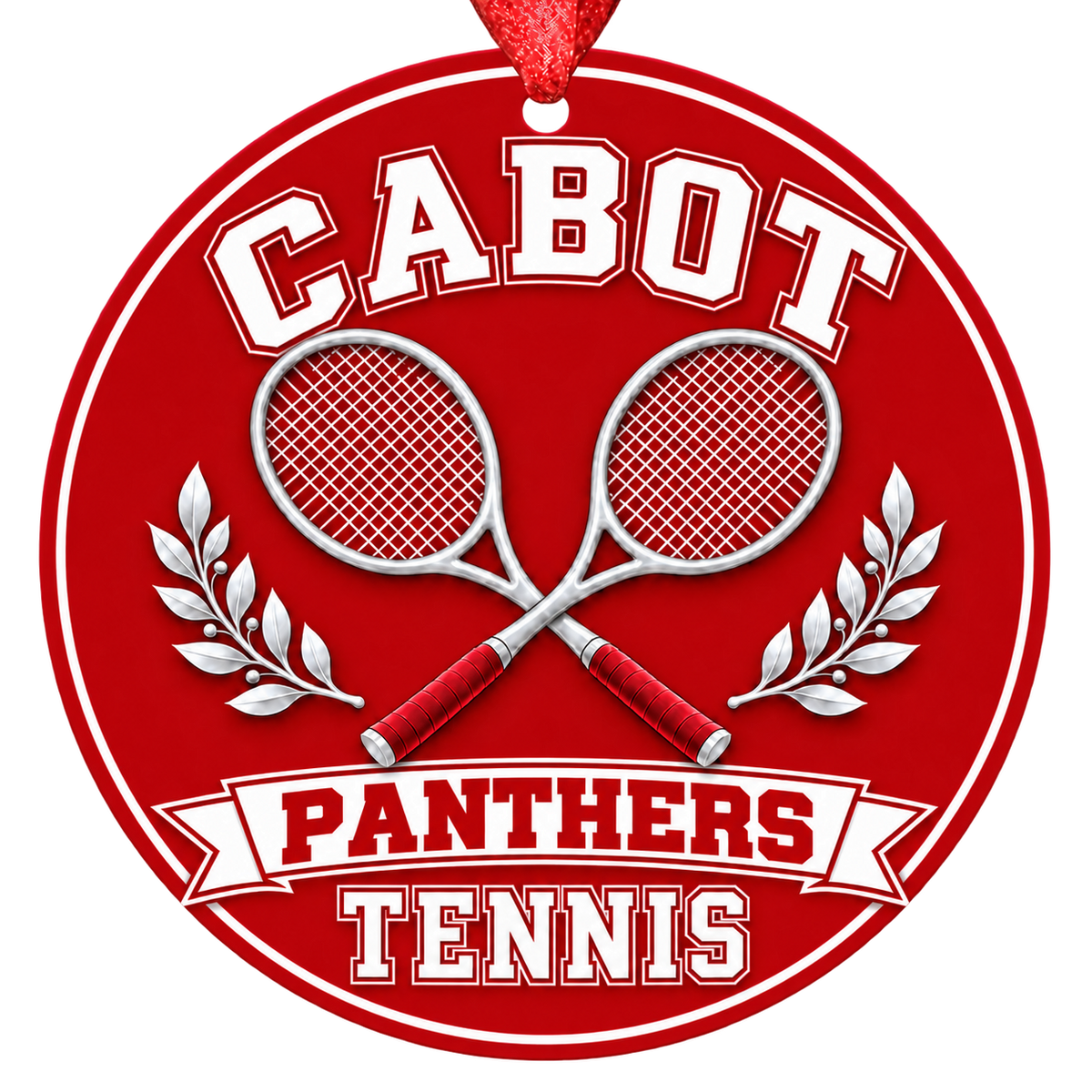 Cabot Panthers Tennis Christmas ornament with crossed tennis rackets and laurel details in red and white, red hanging ribbon.