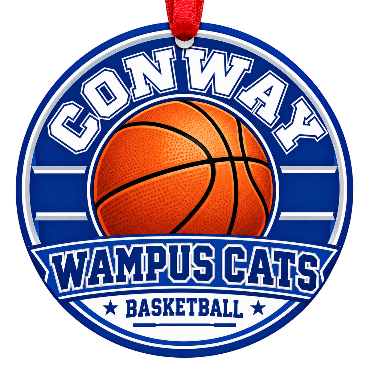 Conway Wampus Cats Basketball Christmas ornament with varsity basketball artwork in blue and white, red hanging ribbon.