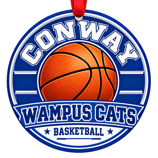 Conway Wampus Cats Basketball Christmas ornament with varsity basketball artwork in blue and white, red hanging ribbon.