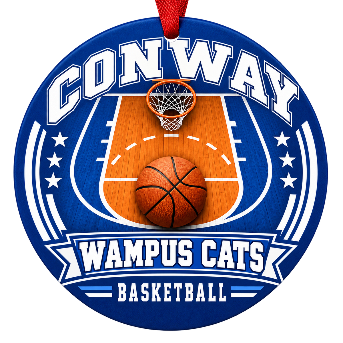 Conway Wampus Cats Basketball Christmas ornament with basketball court, hoop and ball artwork in blue and white, red hanging ribbon.