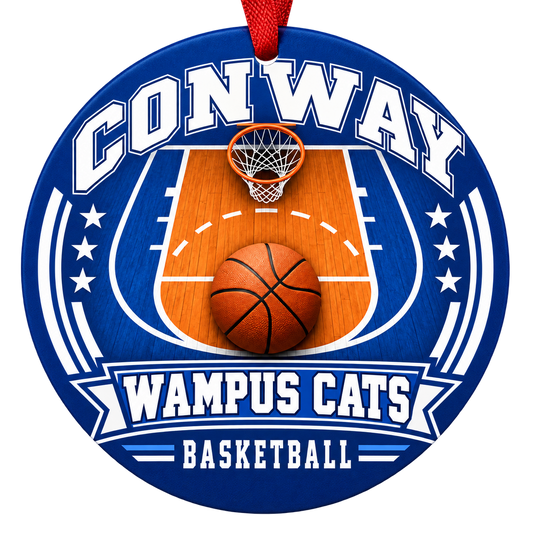 Conway Wampus Cats Basketball Christmas ornament with basketball court, hoop and ball artwork in blue and white, red hanging ribbon.