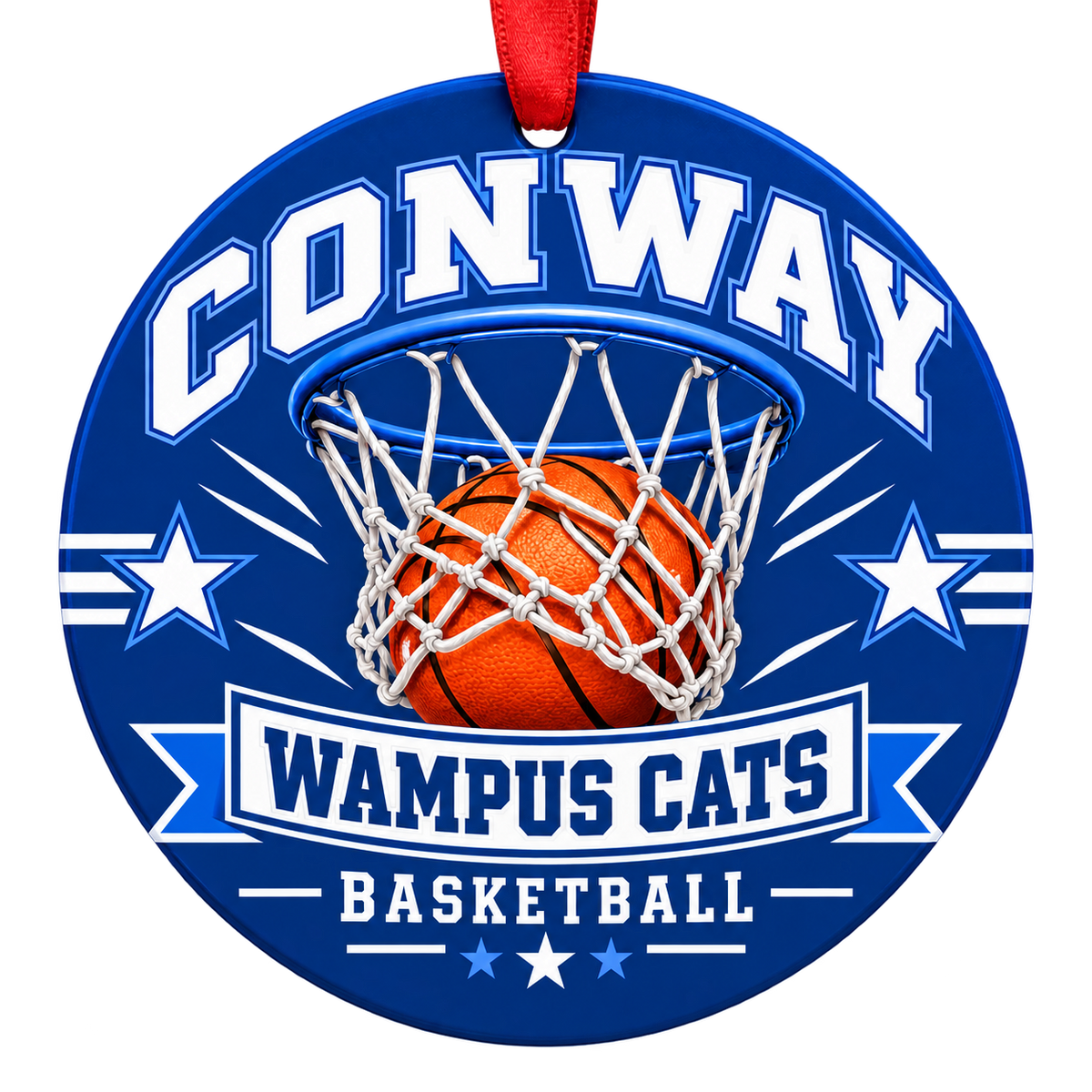 Conway Wampus Cats Basketball Christmas ornament with basketball passing through a hoop in blue and white, red hanging ribbon.