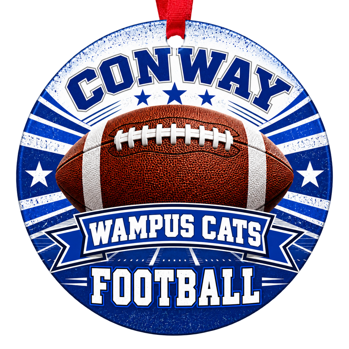 Conway Wampus Cats Football Christmas ornament with football, stars and field artwork in blue and white, red hanging ribbon.