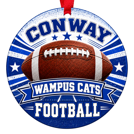 Conway Wampus Cats Football Christmas ornament with football, stars and field artwork in blue and white, red hanging ribbon.