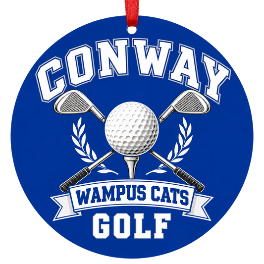 Conway Wampus Cats Golf Christmas ornament with golf ball and crossed clubs in blue and white, red hanging ribbon.