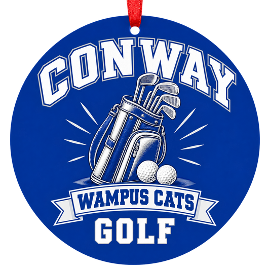 Conway Wampus Cats Golf Christmas ornament with golf bag, clubs and balls in blue and white, red hanging ribbon.