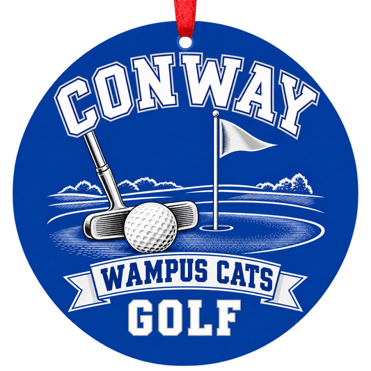 Conway Wampus Cats Golf Christmas ornament with putter, golf ball and putting green in blue and white, red hanging ribbon.