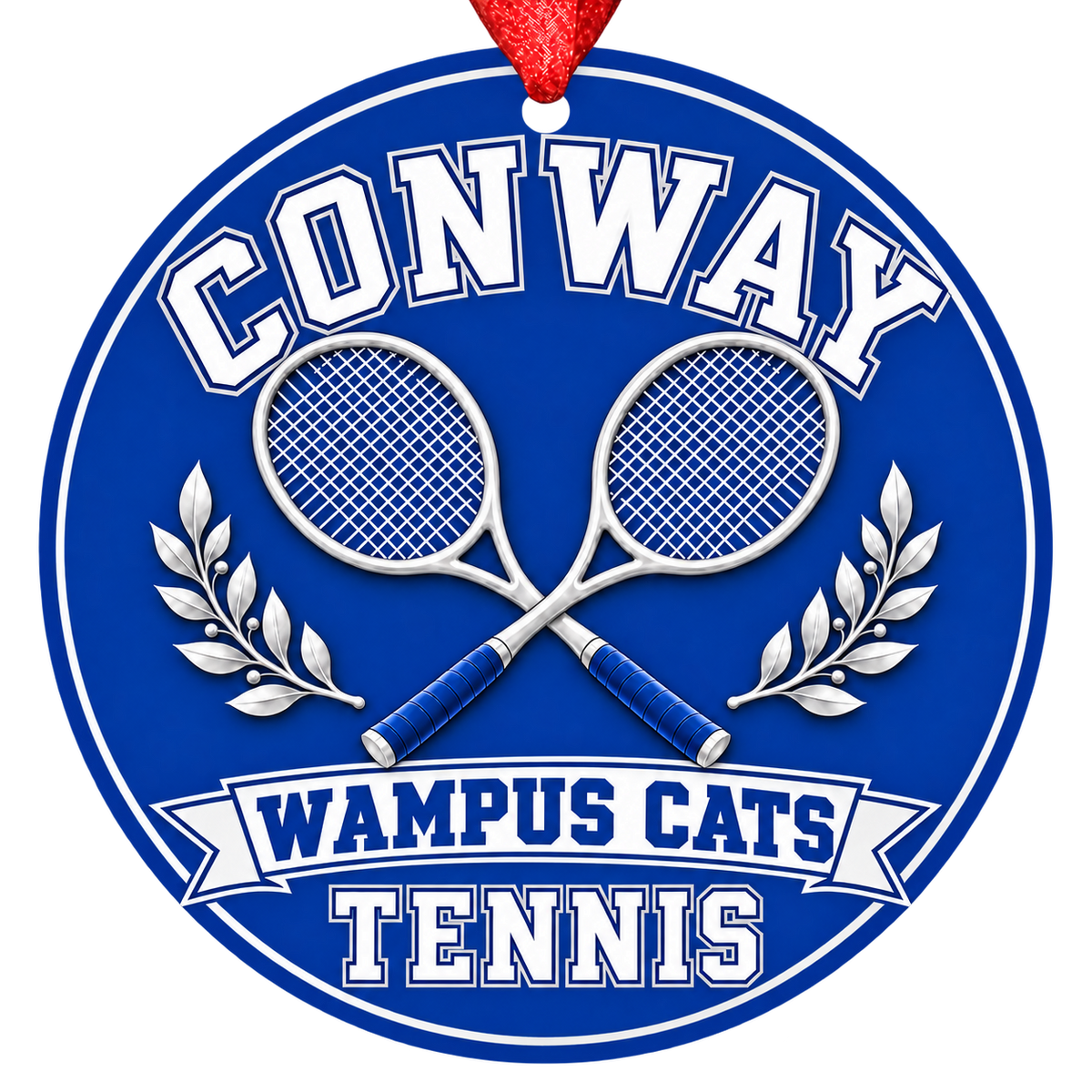 Conway Wampus Cats Tennis Christmas ornament with crossed tennis rackets and laurel details in blue and white, red hanging ribbon.
