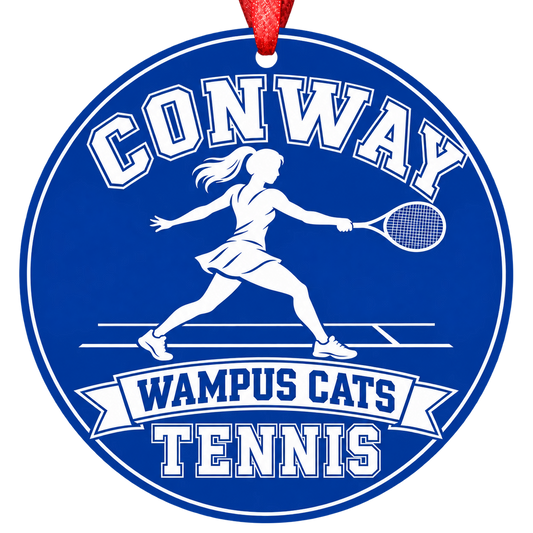 Conway Wampus Cats Tennis Christmas ornament with tennis player silhouette in blue and white, red hanging ribbon.