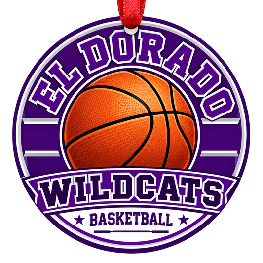 El Dorado Wildcats Basketball Christmas ornament with varsity basketball artwork in purple and white, red hanging ribbon.