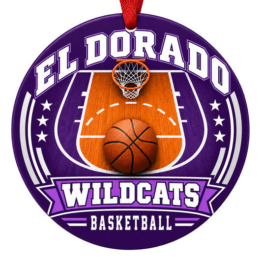 El Dorado Wildcats Basketball Christmas ornament with basketball court, hoop and ball artwork in purple and white, red hanging ribbon.