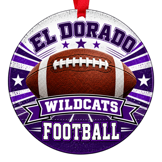 El Dorado Wildcats Football Christmas ornament with football, stars and field artwork in purple and white, red hanging ribbon.