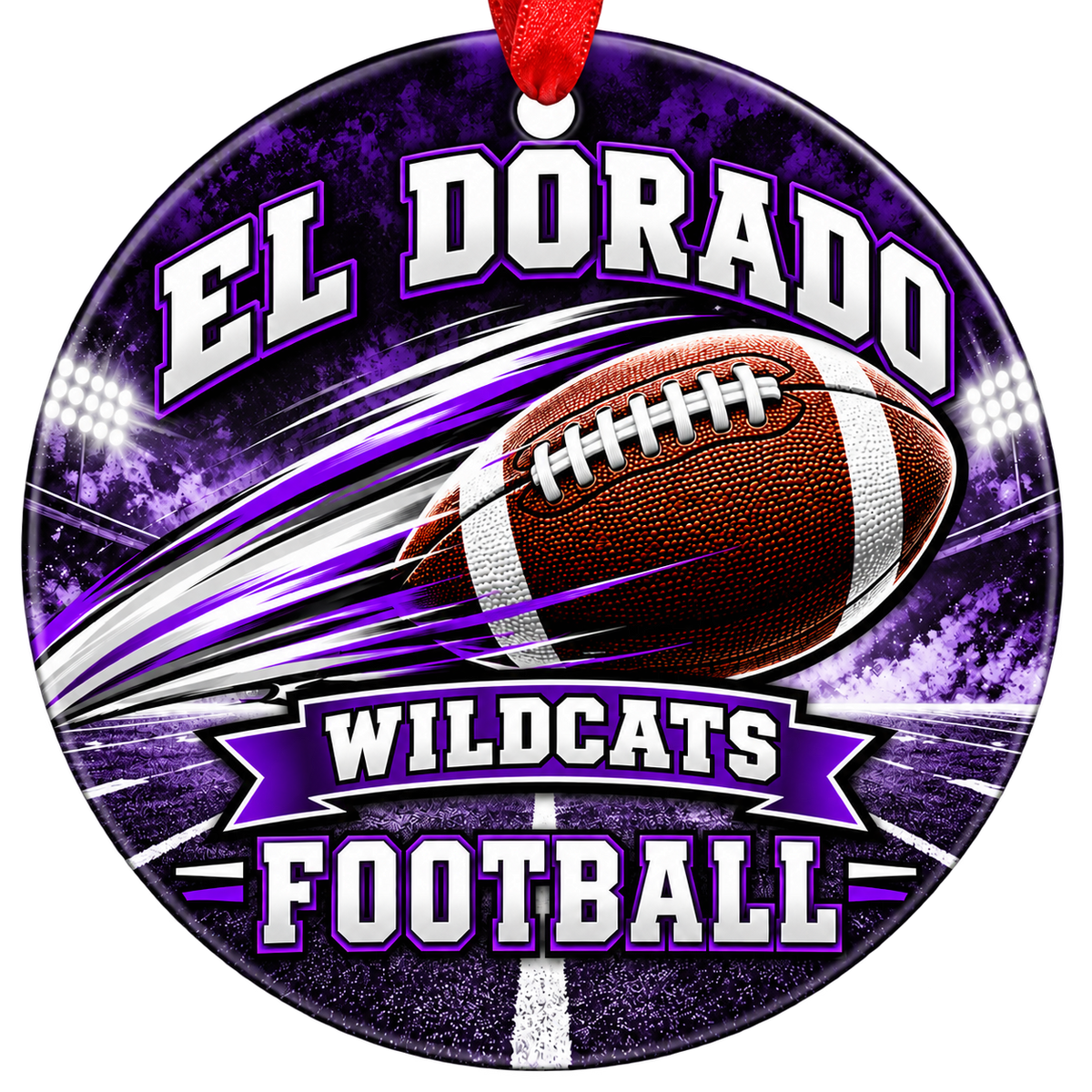 El Dorado Wildcats Football Christmas ornament with football with motion streaks and stadium lights in purple and white, red hanging ribbon.