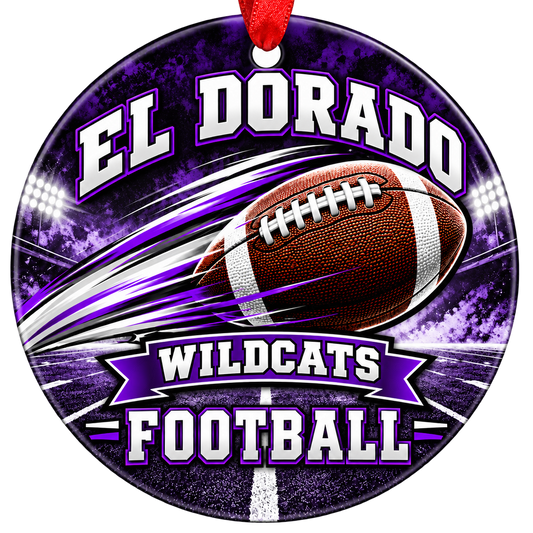 El Dorado Wildcats Football Christmas ornament with football with motion streaks and stadium lights in purple and white, red hanging ribbon.