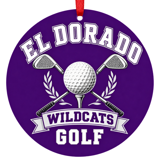 El Dorado Wildcats Golf Christmas ornament with golf ball and crossed clubs in purple and white, red hanging ribbon.
