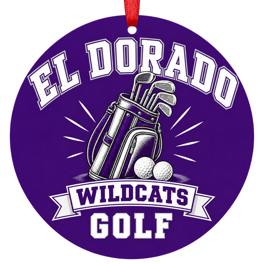 El Dorado Wildcats Golf Christmas ornament with golf bag, clubs and balls in purple and white, red hanging ribbon.