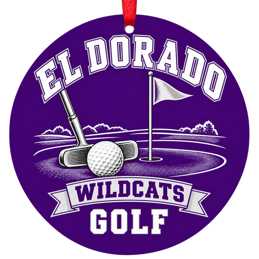 El Dorado Wildcats Golf Christmas ornament with putter, golf ball and putting green in purple and white, red hanging ribbon.