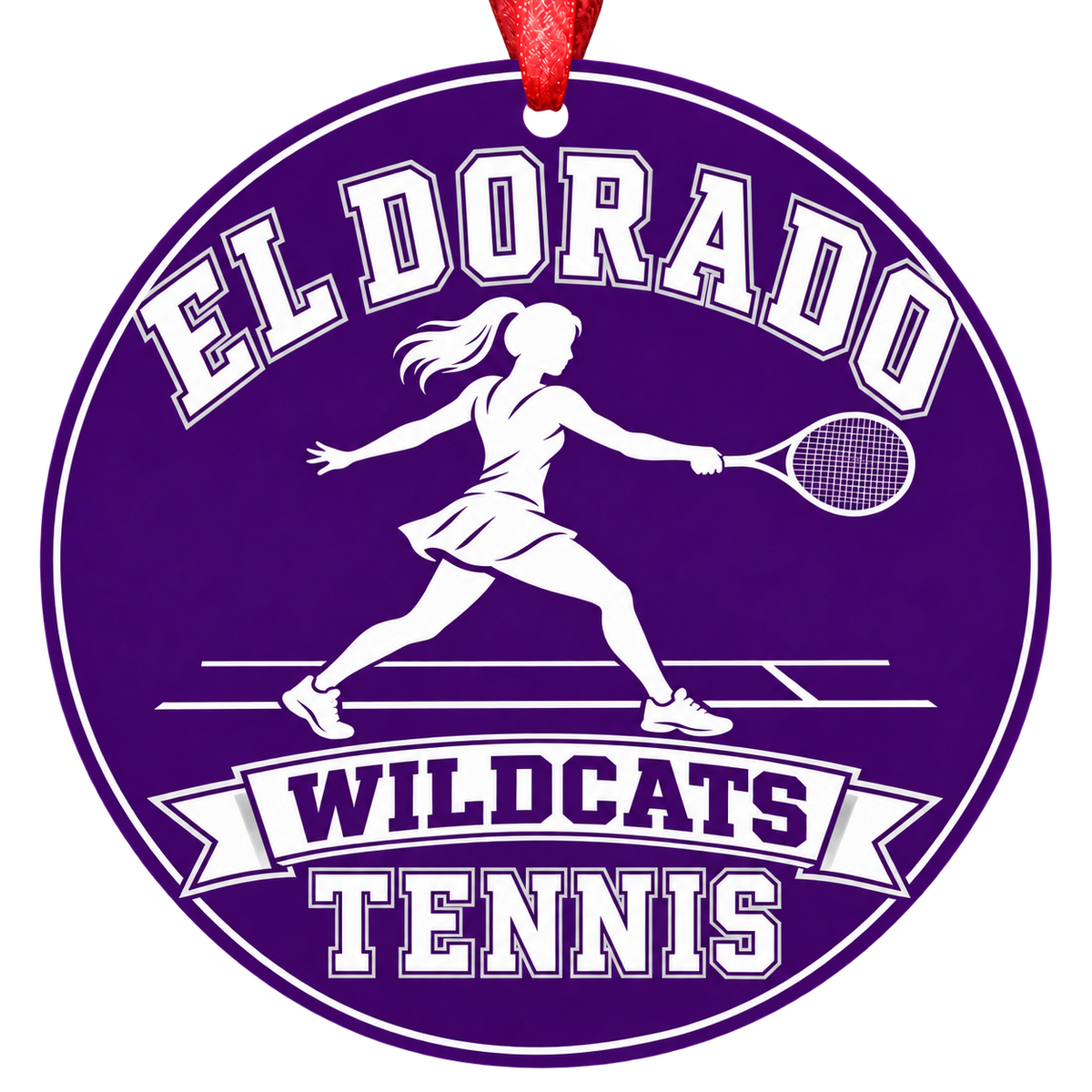 El Dorado Wildcats Tennis Christmas ornament with tennis player silhouette in purple and white, red hanging ribbon.