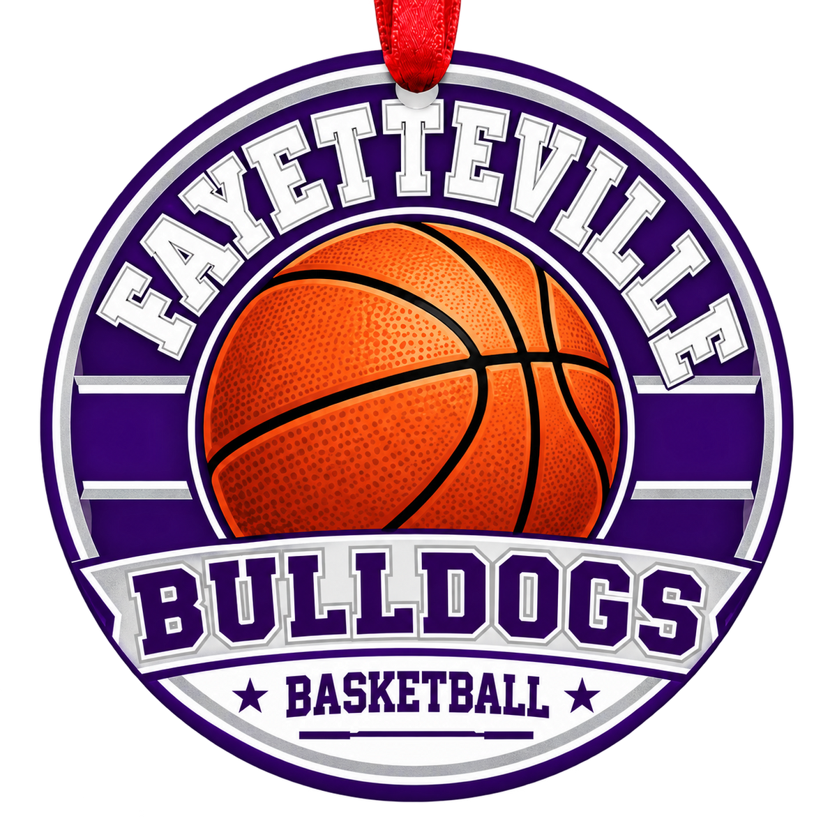 Fayetteville Bulldogs Basketball Christmas ornament with varsity basketball artwork in purple and white, red hanging ribbon.
