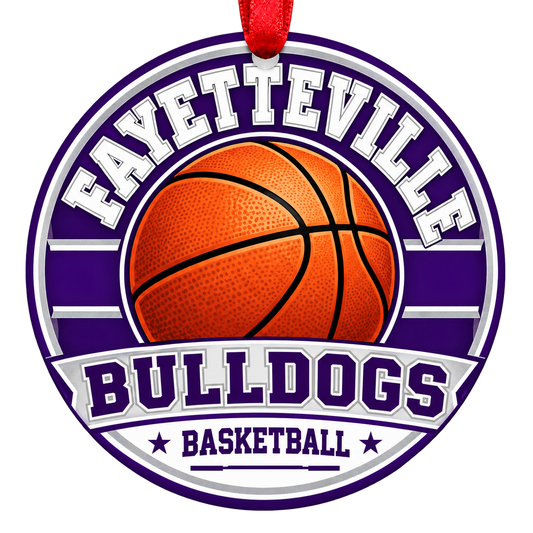 Fayetteville Bulldogs Basketball Christmas ornament with varsity basketball artwork in purple and white, red hanging ribbon.