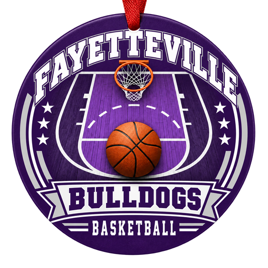 Fayetteville Bulldogs Basketball Christmas ornament with basketball court, hoop and ball artwork in purple and white, red hanging ribbon.