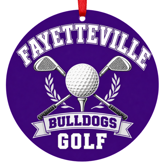 Fayetteville Bulldogs Golf Christmas ornament with golf ball and crossed clubs in purple and white, red hanging ribbon.