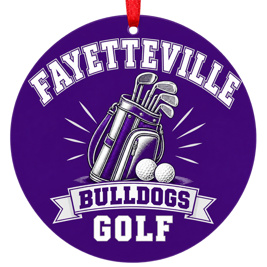 Fayetteville Bulldogs Golf Christmas ornament with golf bag, clubs and balls in purple and white, red hanging ribbon.